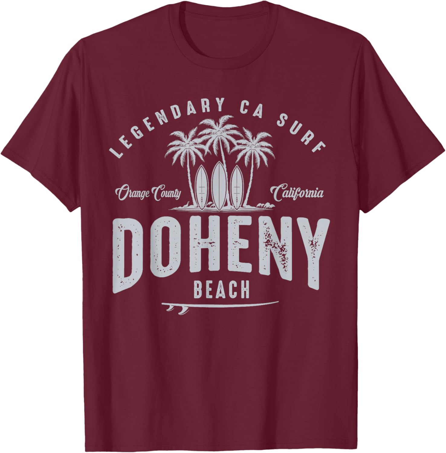 THREE VINTAGE SURFBOARDS AND PALMS - Doheny Beach T-Shirt - T-Shirt | Maroon