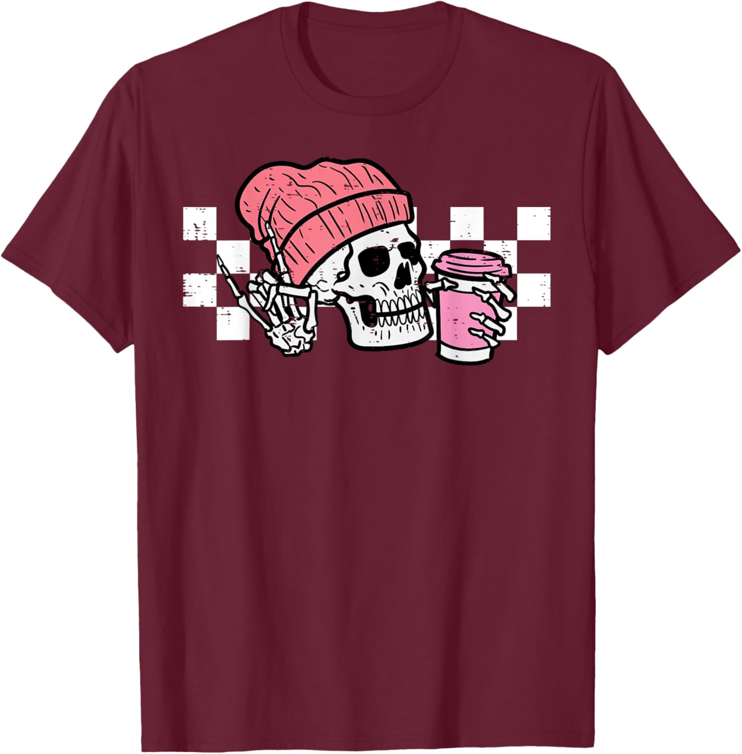 Halloween Skeleton Pink Coffee Retro Costume Women Men Kids T-Shirt - T-Shirt | Maroon