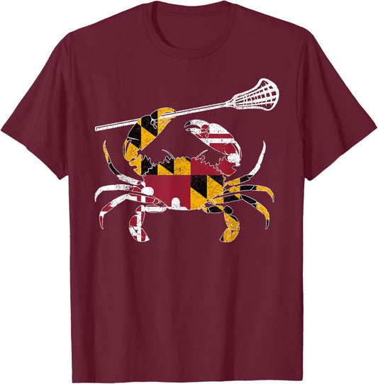 Maryland Blue Crab Lacrosse Lover Flag of Maryland T-Shirt - T-Shirt | Maroon