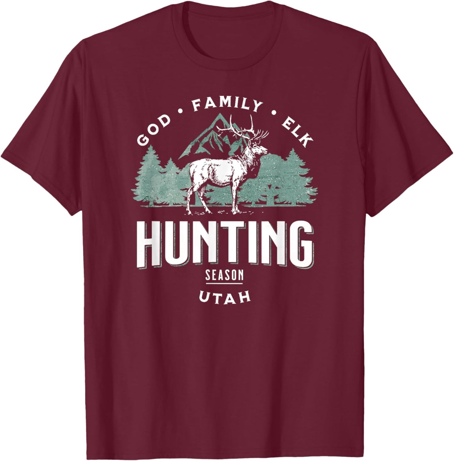 Utah God, Family, Elk Hunting Season Illustration T-Shirt - T-Shirt | Maroon