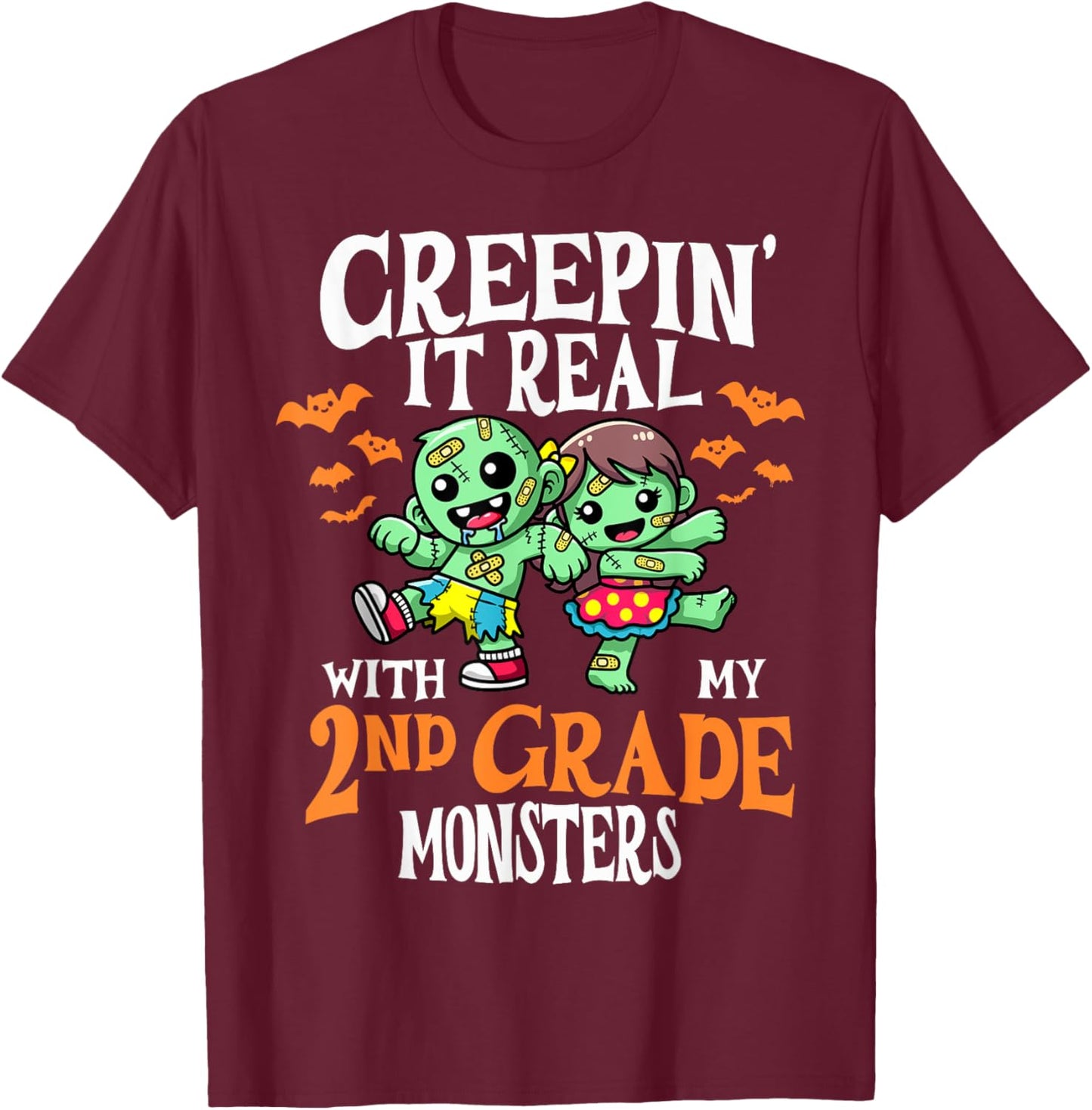Creepin It Real Monster School 2nd Grade Teacher Halloween T-Shirt - T-Shirt | Maroon