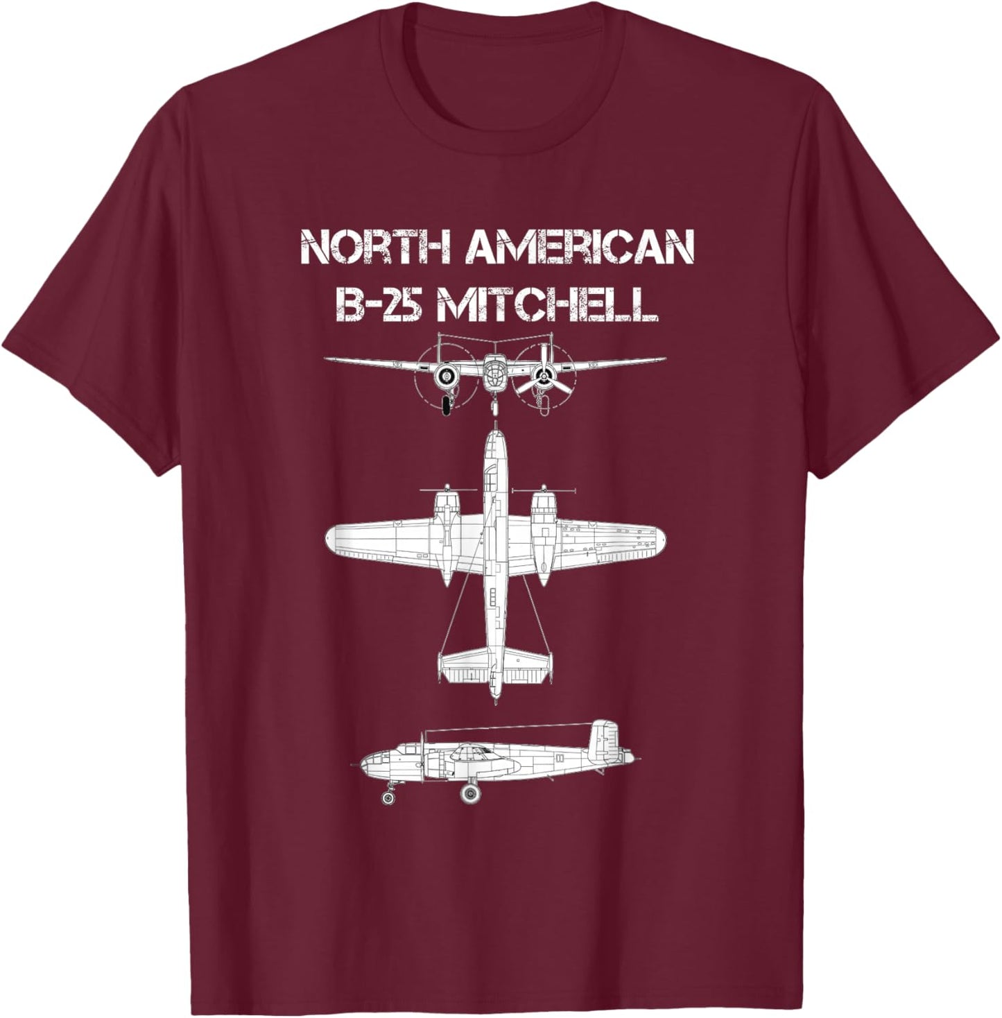 North American B-25 Mitchell WW2 Bomber Airplane Blueprint T-Shirt - T-Shirt | Maroon