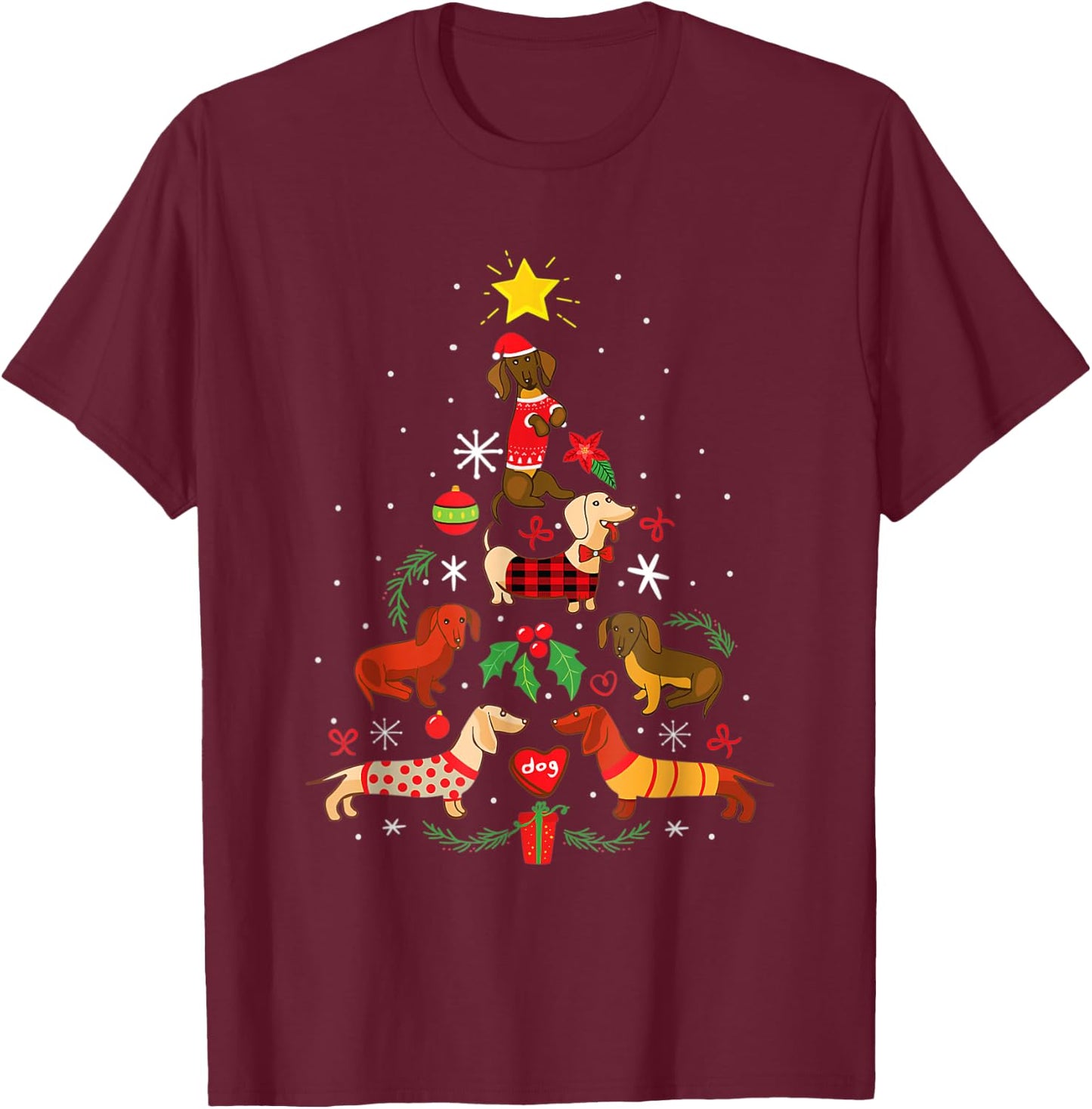 family clothing Christmas dachshund dog tree santa women men T-Shirt - T-Shirt | Maroon