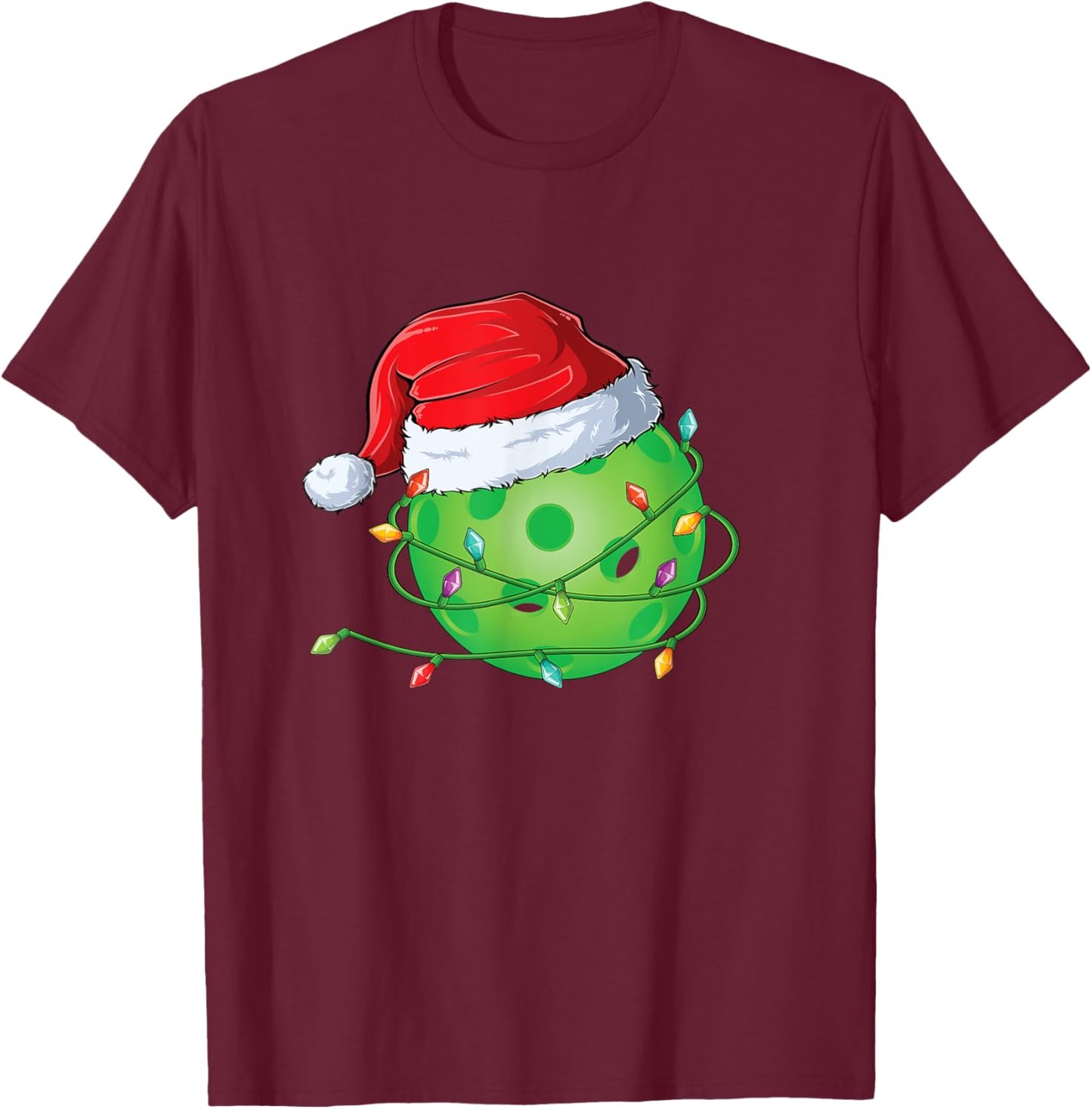 Christmas Pickleball in Santa Hat wrapped in Holiday Lights T-Shirt - T-Shirt | Maroon