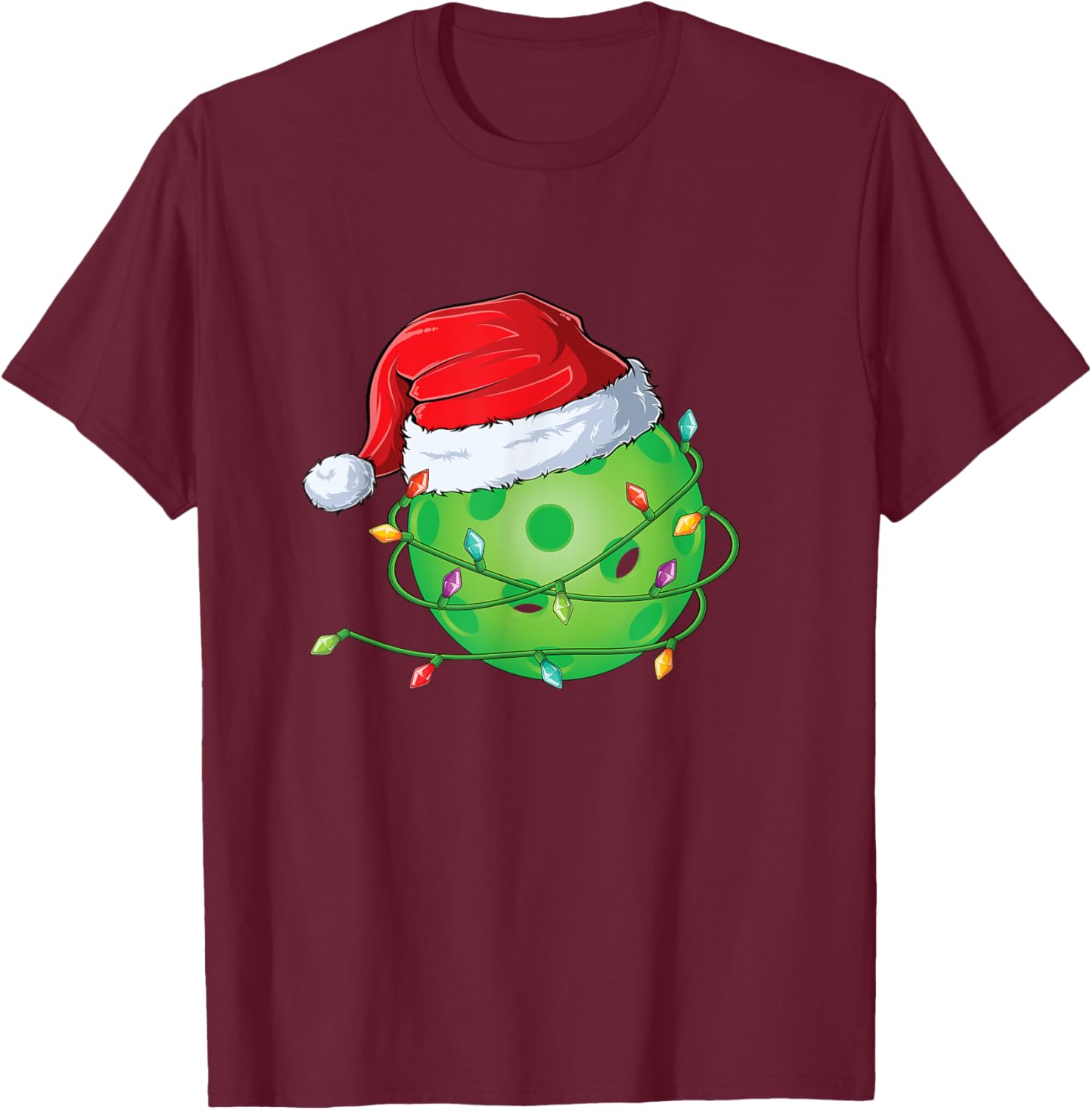 Christmas Pickleball in Santa Hat wrapped in Holiday Lights T-Shirt - T-Shirt | Maroon