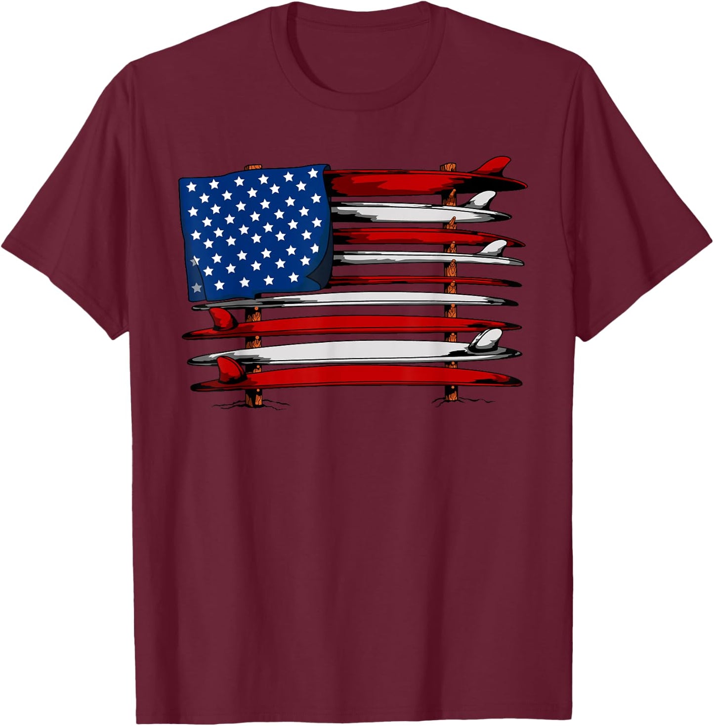 Surfboard USA American Flag Vintage Surfing Surf Surfer Dude T-Shirt - T-Shirt | Maroon