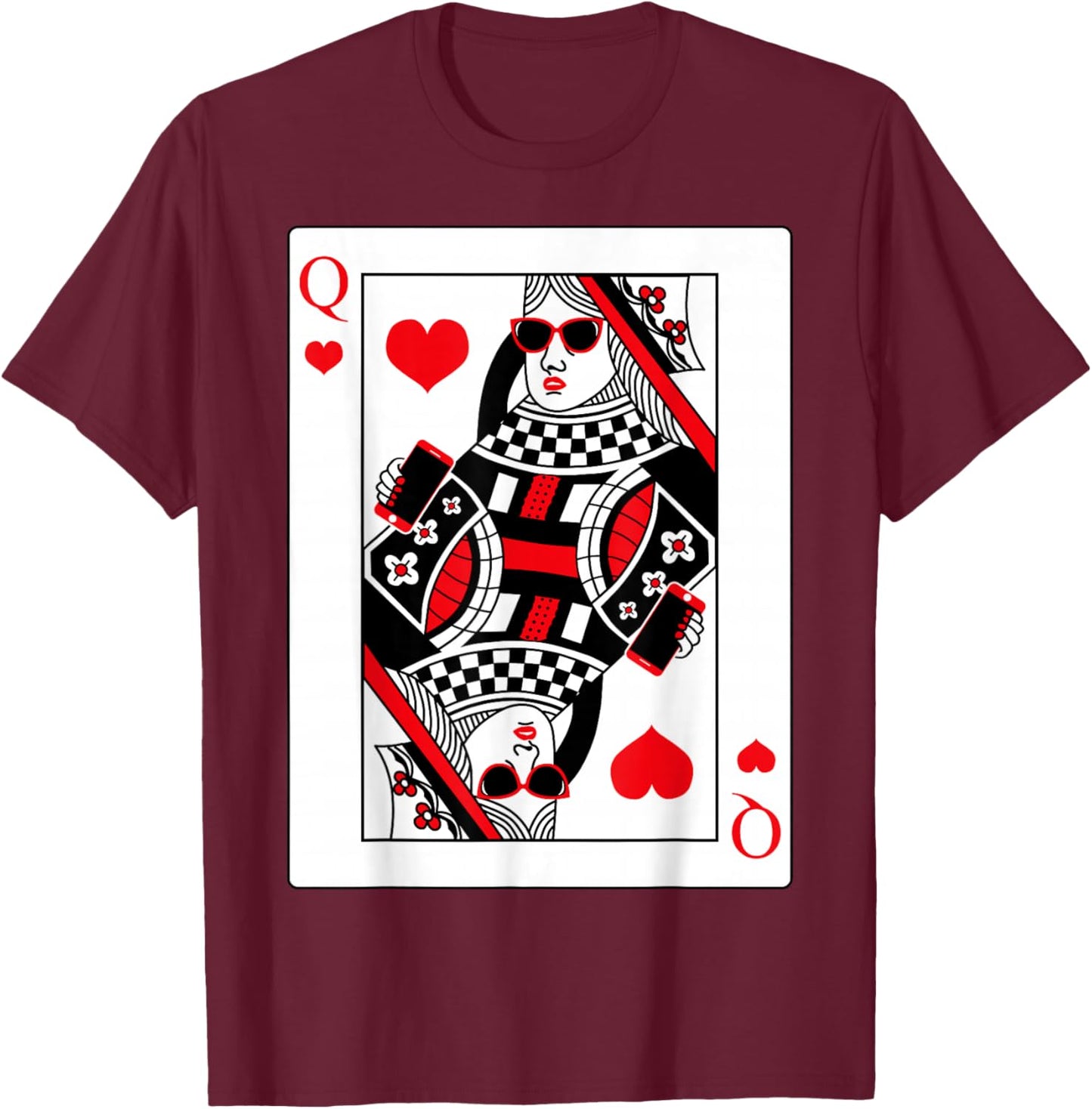 Modern Cool Queen Of Hearts Card Red Sunglasses Graphic T-Shirt - T-Shirt | Maroon