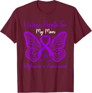 I Wear Purple For My Mom Alzheimer's Awareness, Butterfly T-Shirt - T-Shirt | Maroon