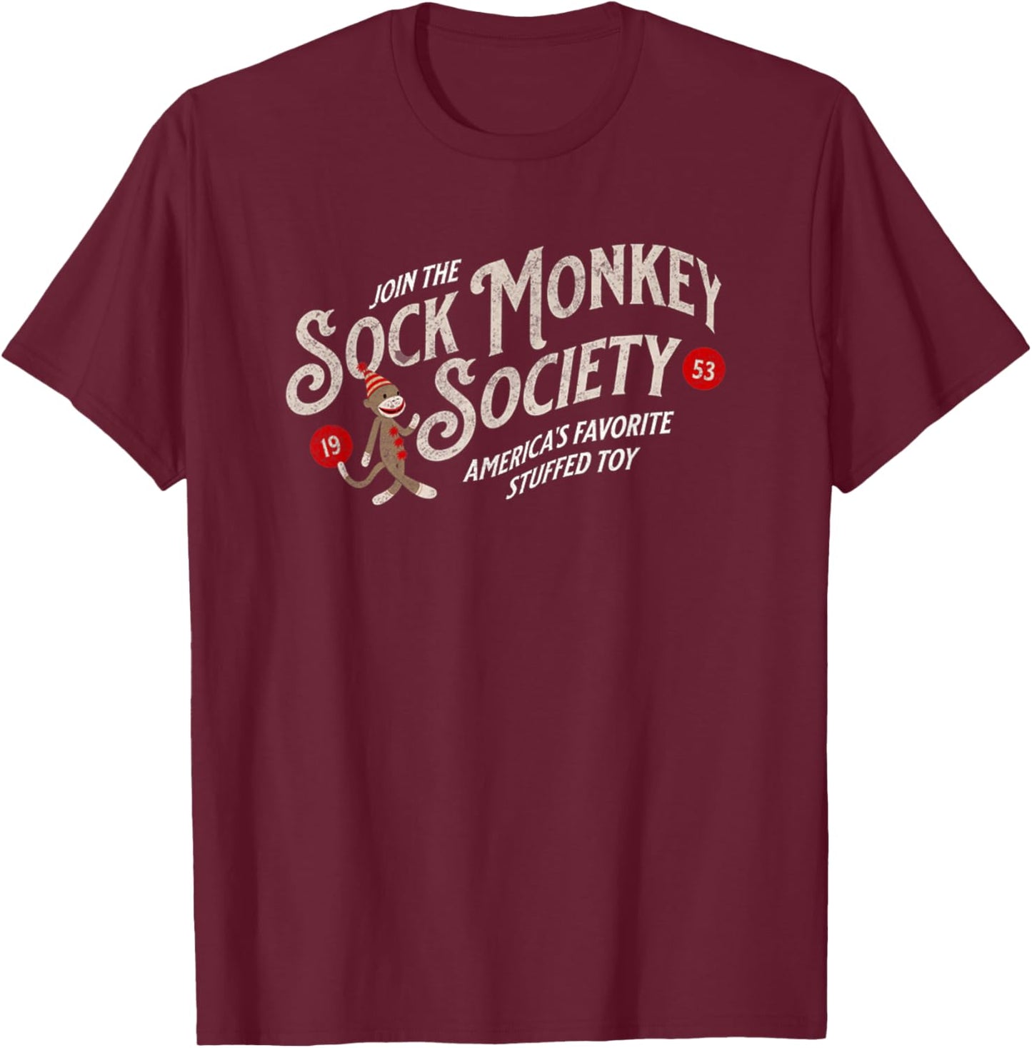 Join the Sock Monkey Society Est 1953 Cute Sock Monkey T-Shirt - T-Shirt | Maroon