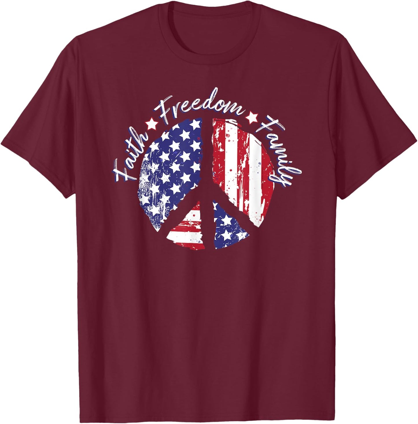 Patriotic Peace Sign USA Flag Faith Freedom Family T-Shirt - T-Shirt | Maroon
