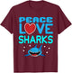 Peace Love Sharks Sea Creatures Dangerous Hammerhead Shark T-Shirt - T-Shirt | Maroon