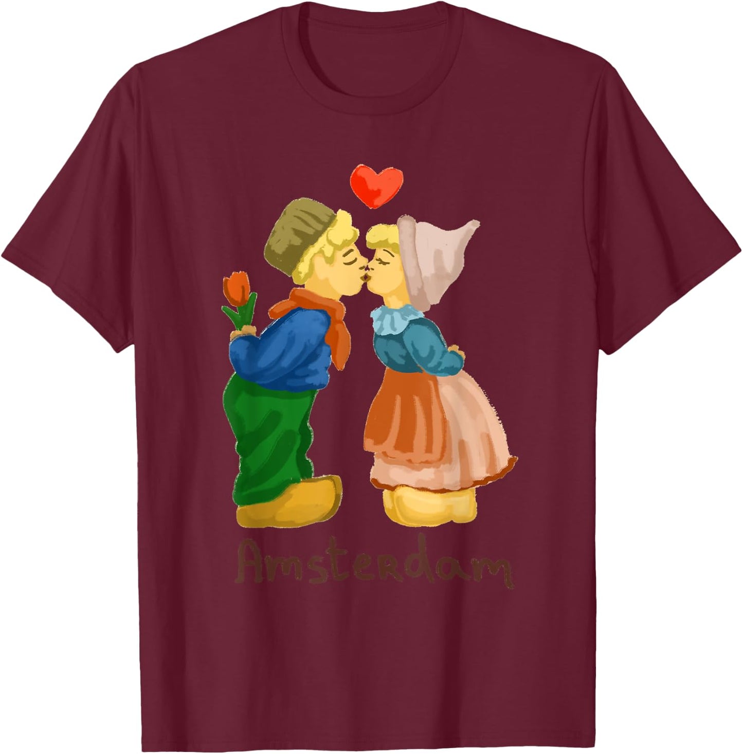 Amsterdam Boy Girl Kiss Love Heart Tulip Holland Netherlands T-Shirt - T-Shirt | Maroon