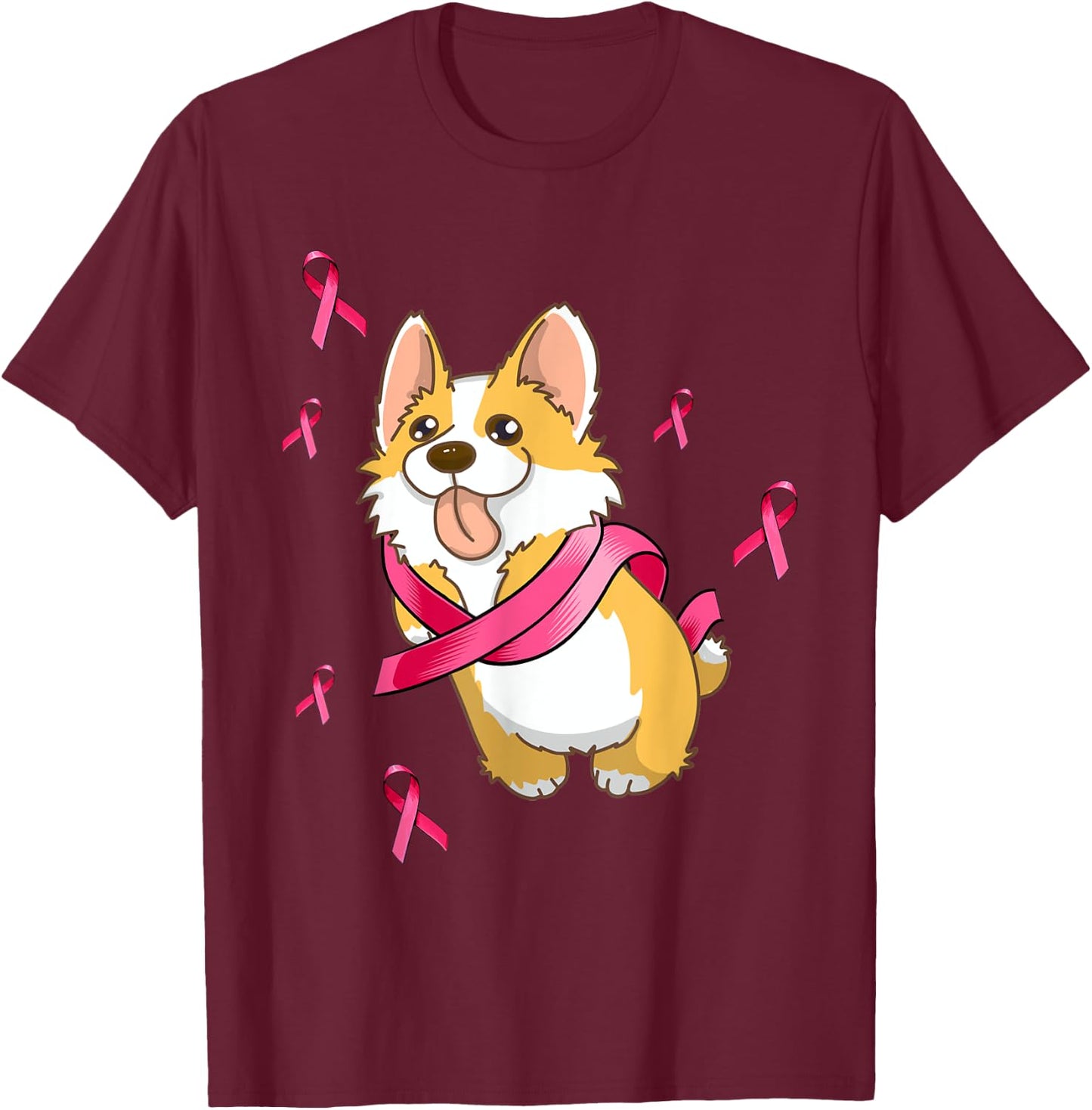 Cute Corgi Dog Breast Cancer Awareness Pink Ribbon Men Women T-Shirt - T-Shirt | Maroon