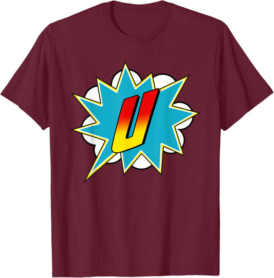 Letter U Superhero Name Comic Letter Retro Costume T-Shirt - T-Shirt | Maroon