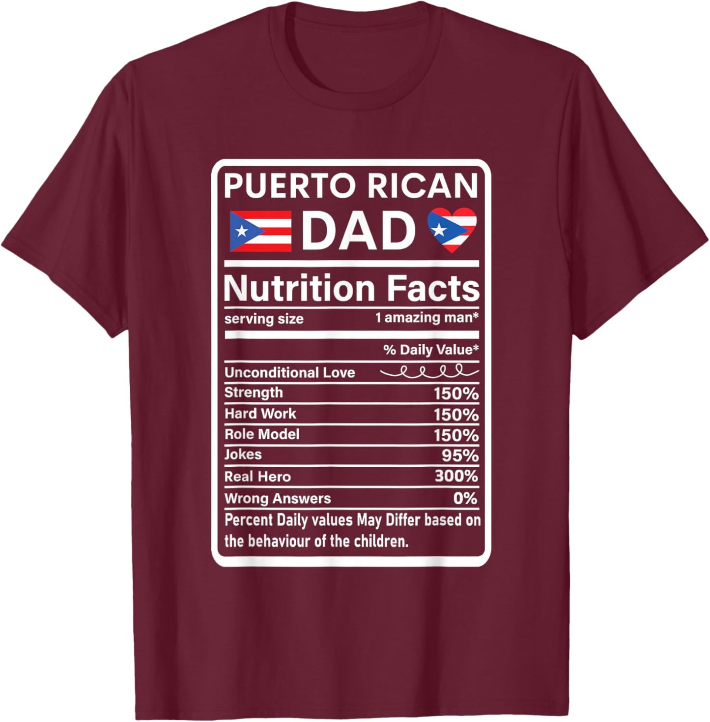 Puerto Rican Dad Nutrition Facts Boricua Puerto Rico PR Flag T-Shirt - T-Shirt | Maroon