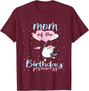 Mom Of The Birthday Princess Penguin Girls B-day Party T-Shirt - T-Shirt | Maroon