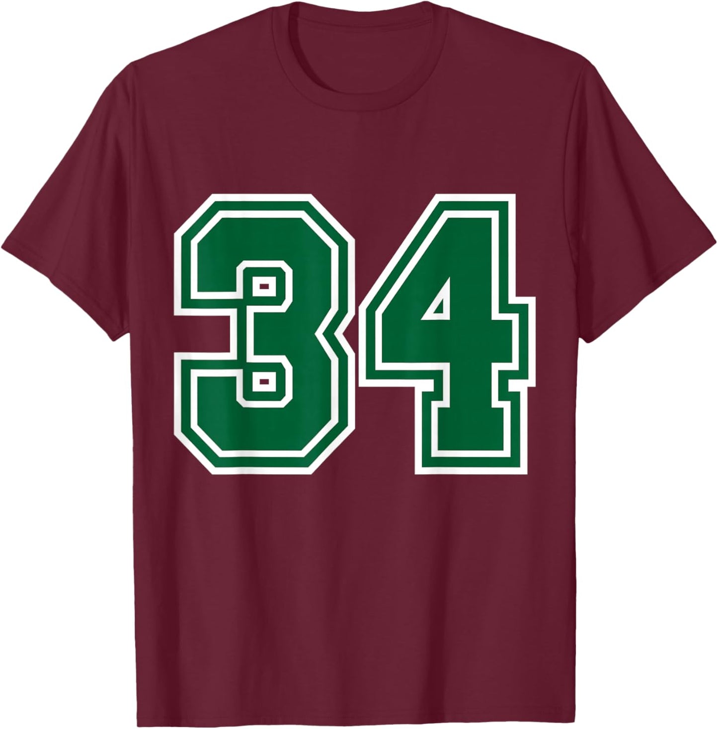 Green Sports Team Number #34 T-Shirt - T-Shirt | Maroon