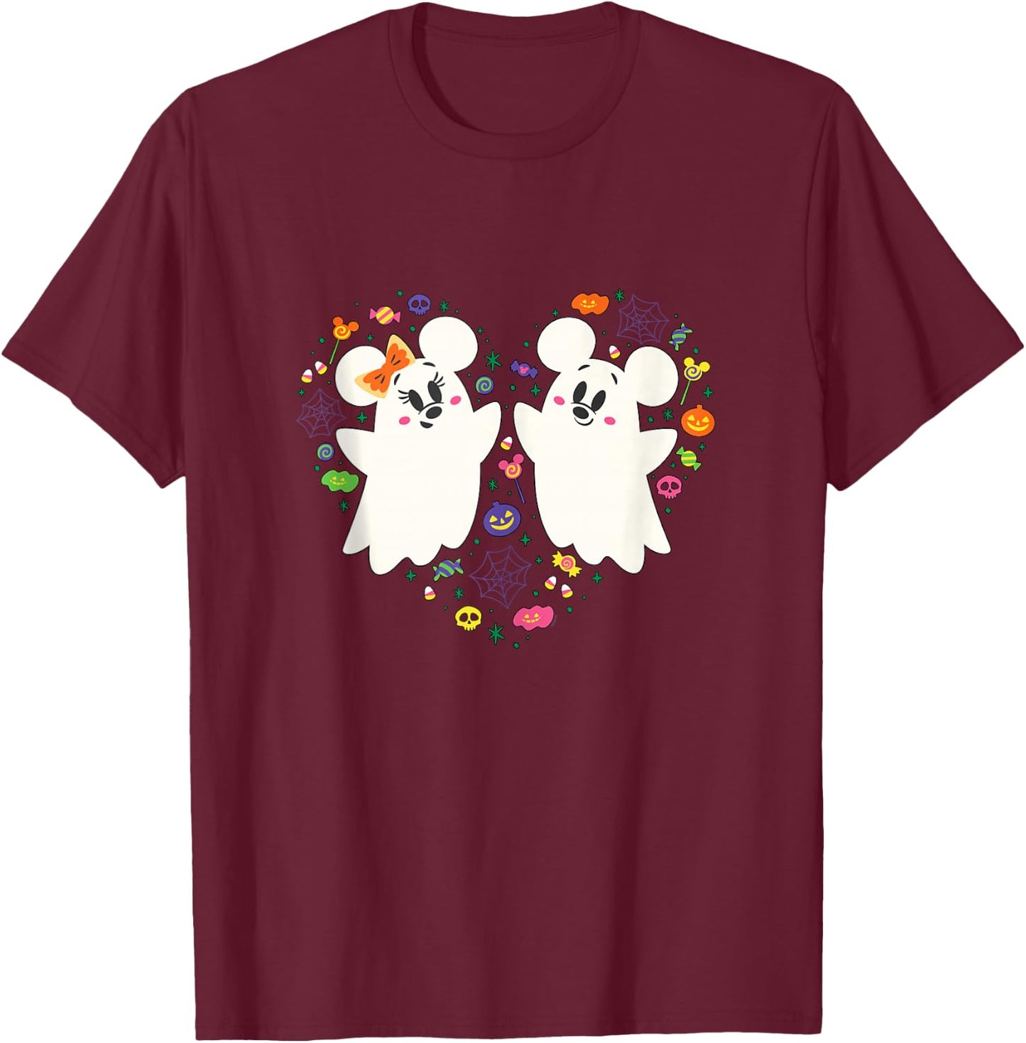 Disney Mickey and Minnie Cute Little Ghosts Halloween Heart T-Shirt - T-Shirt | Maroon