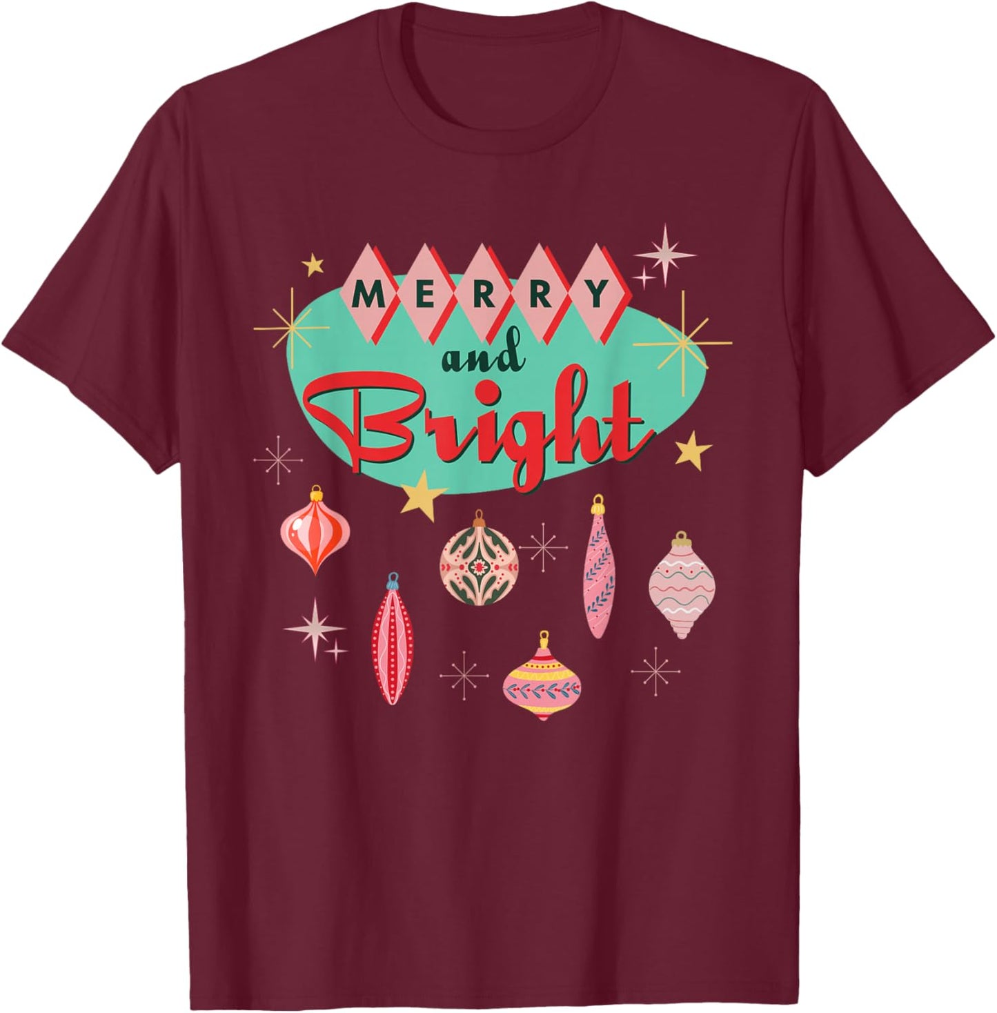 Retro Merry and Bright Mid-Century Modern Christmas Ornament T-Shirt - T-Shirt | Maroon