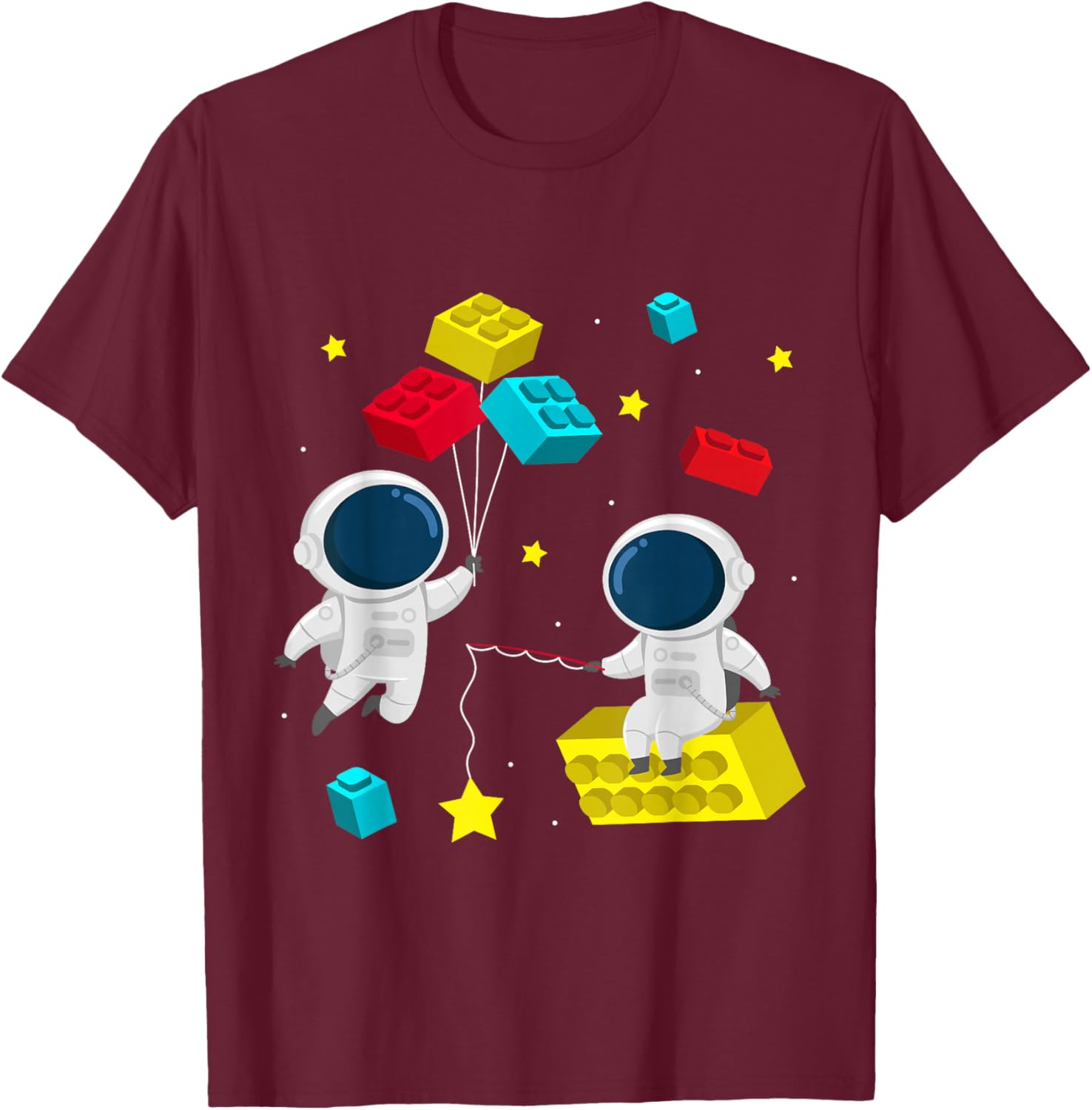Space Astronaut Building Blocks Bricks T-Shirt - T-Shirt | Maroon