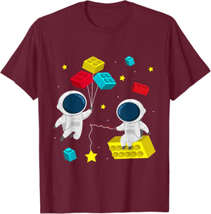 Space Astronaut Building Blocks Bricks T-Shirt - T-Shirt | Maroon