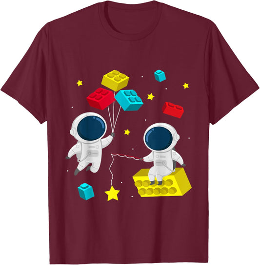 Space Astronaut Building Blocks Bricks T-Shirt - T-Shirt | Maroon