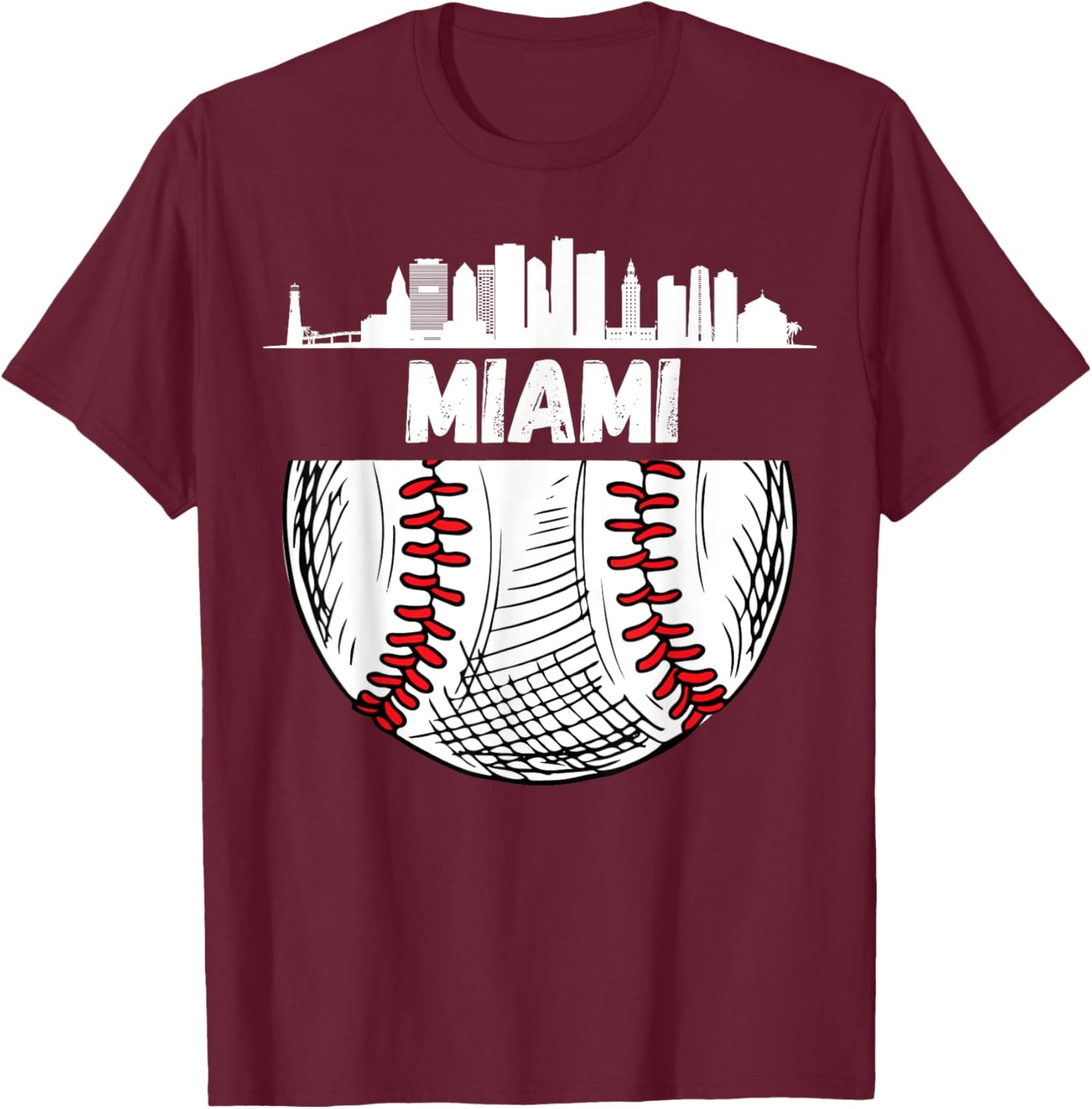 Vintage Miami Baseball Skyline Miami Baseball T-Shirt - T-Shirt | Maroon