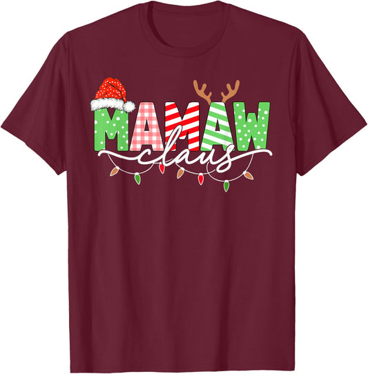 Mamaw Claus Christmas Lights Santa Hat Family Matching T-Shirt - T-Shirt | Maroon
