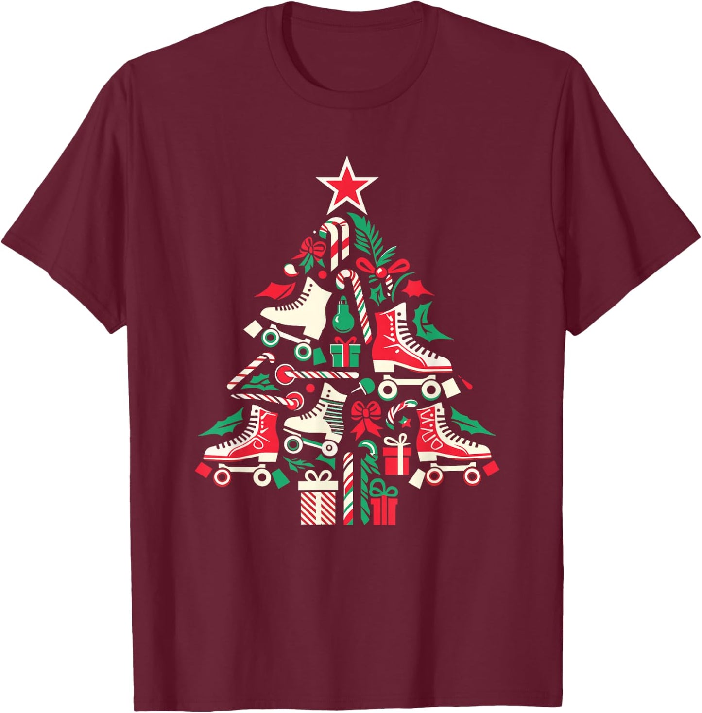 Funny Roller Skating Christmas Tree Roller Skate T-Shirt - T-Shirt | Maroon