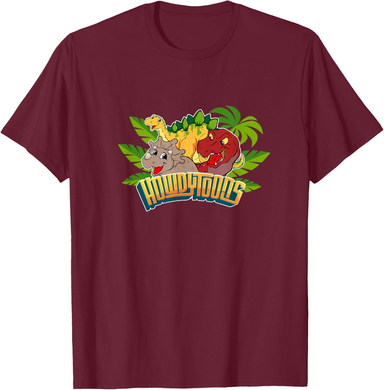 Howdytoons Dinostory: Terri vs T-Rex Kids Black Cartoon Tropical T-Shirt - T-Shirt | Maroon