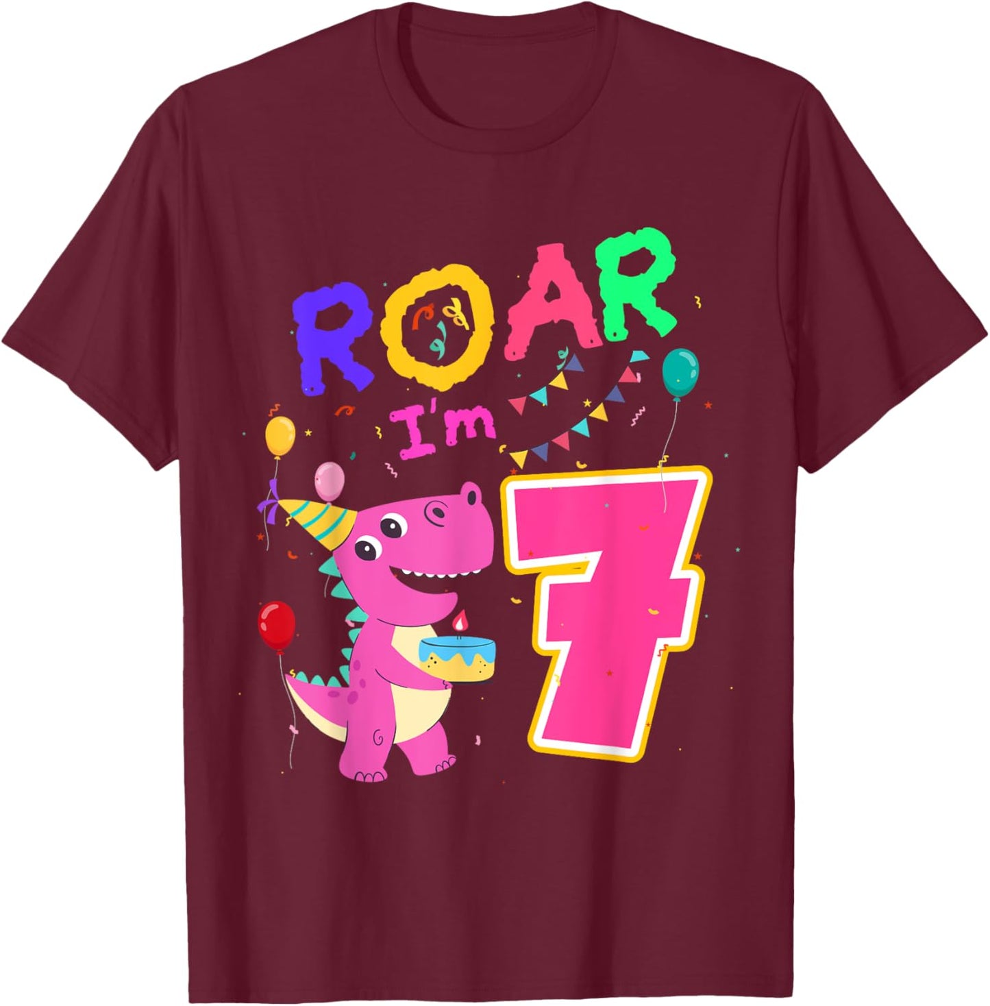 Dino Lover 7th Birthday Dinosaur Girl Party 7 Year Old B-Day T-Shirt - T-Shirt | Maroon
