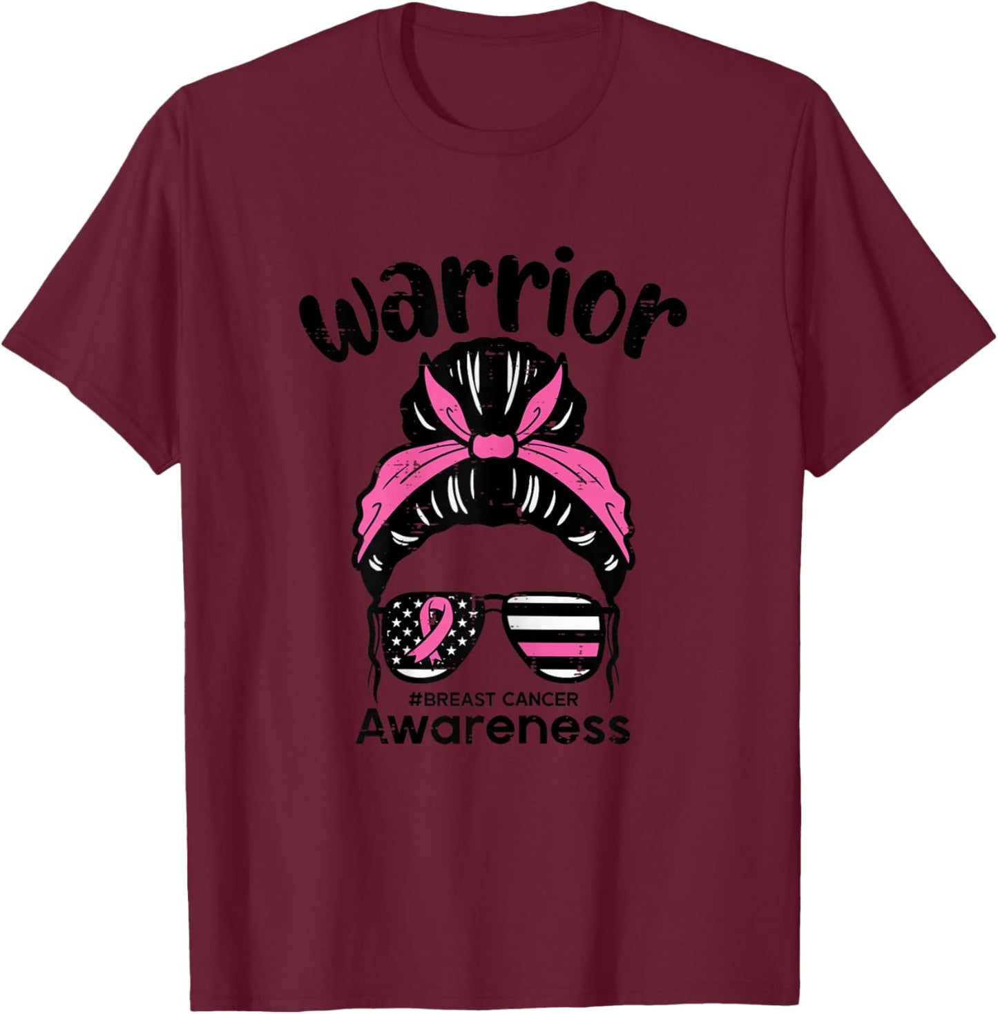 Breast Cancer Awareness Warrior Messy Bun Pink Ribbon Women T-Shirt - T-Shirt | Maroon