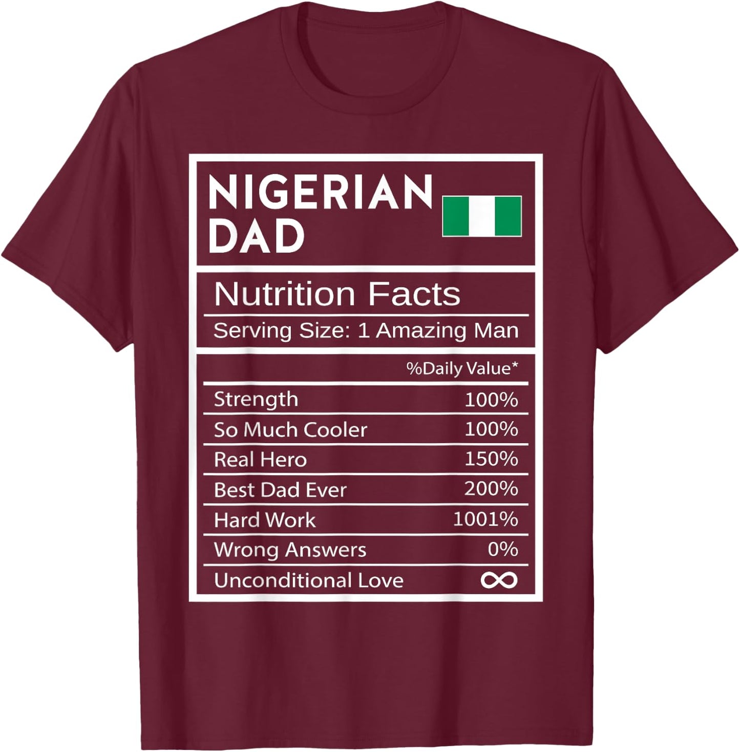 Nigerian Dad Nutrition Facts National Pride Gift Dad T-Shirt - T-Shirt | Maroon