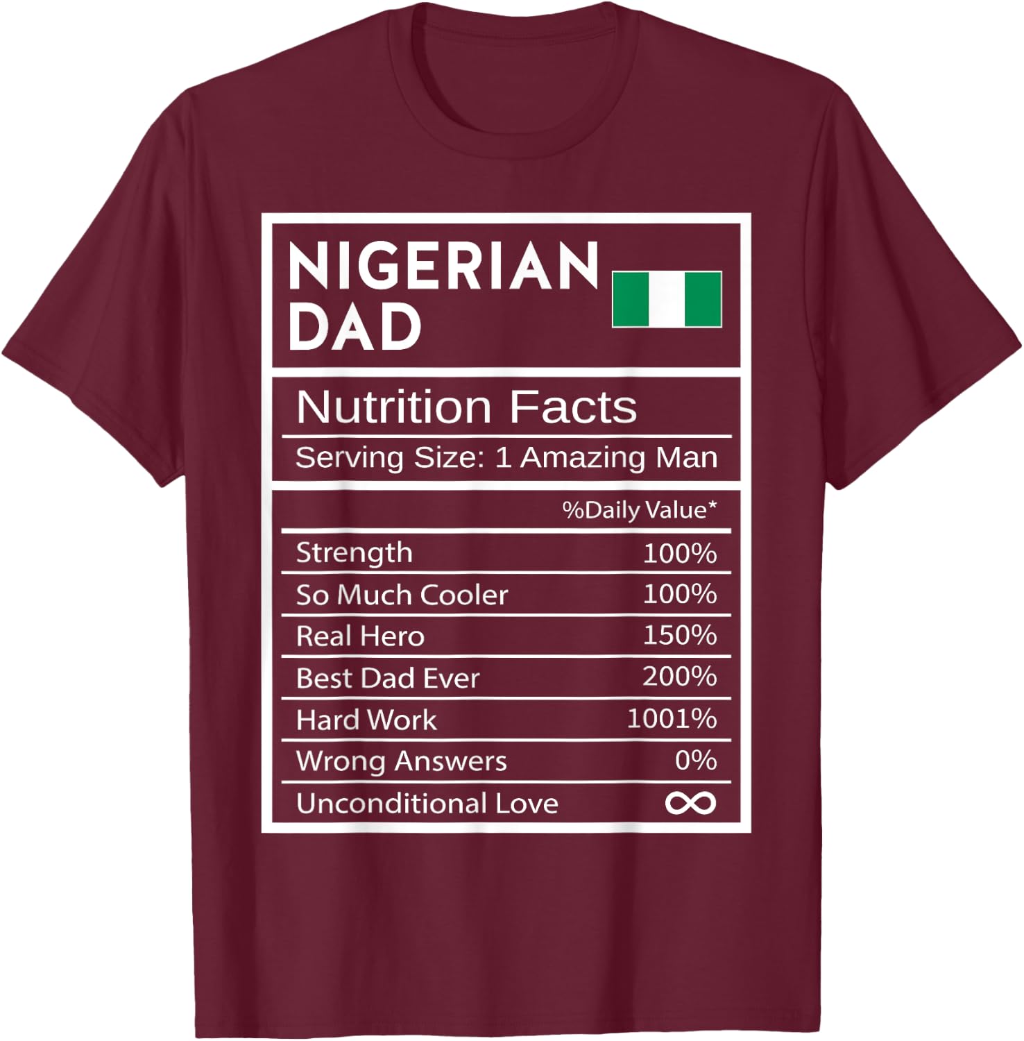 Nigerian Dad Nutrition Facts National Pride Gift Dad T-Shirt - T-Shirt | Maroon