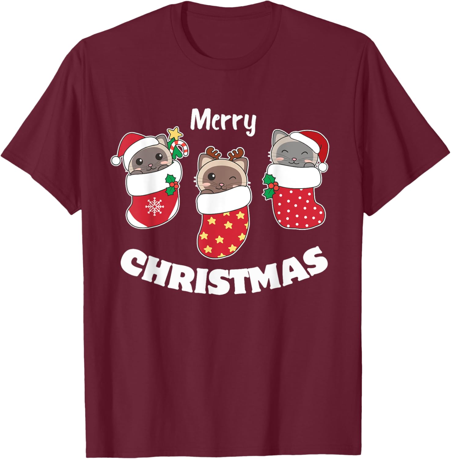 Cute Siamese Cats In Christmas Stockings For Christmas T-Shirt - T-Shirt | Maroon