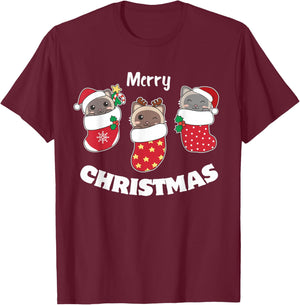 Cute Siamese Cats In Christmas Stockings For Christmas T-Shirt - T-Shirt | Maroon