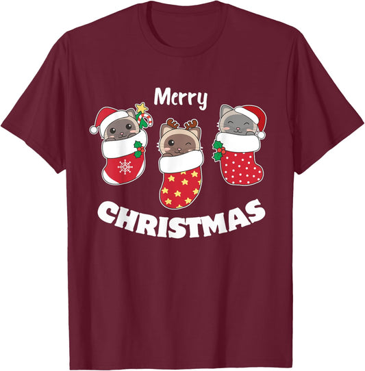 Cute Siamese Cats In Christmas Stockings For Christmas T-Shirt - T-Shirt | Maroon