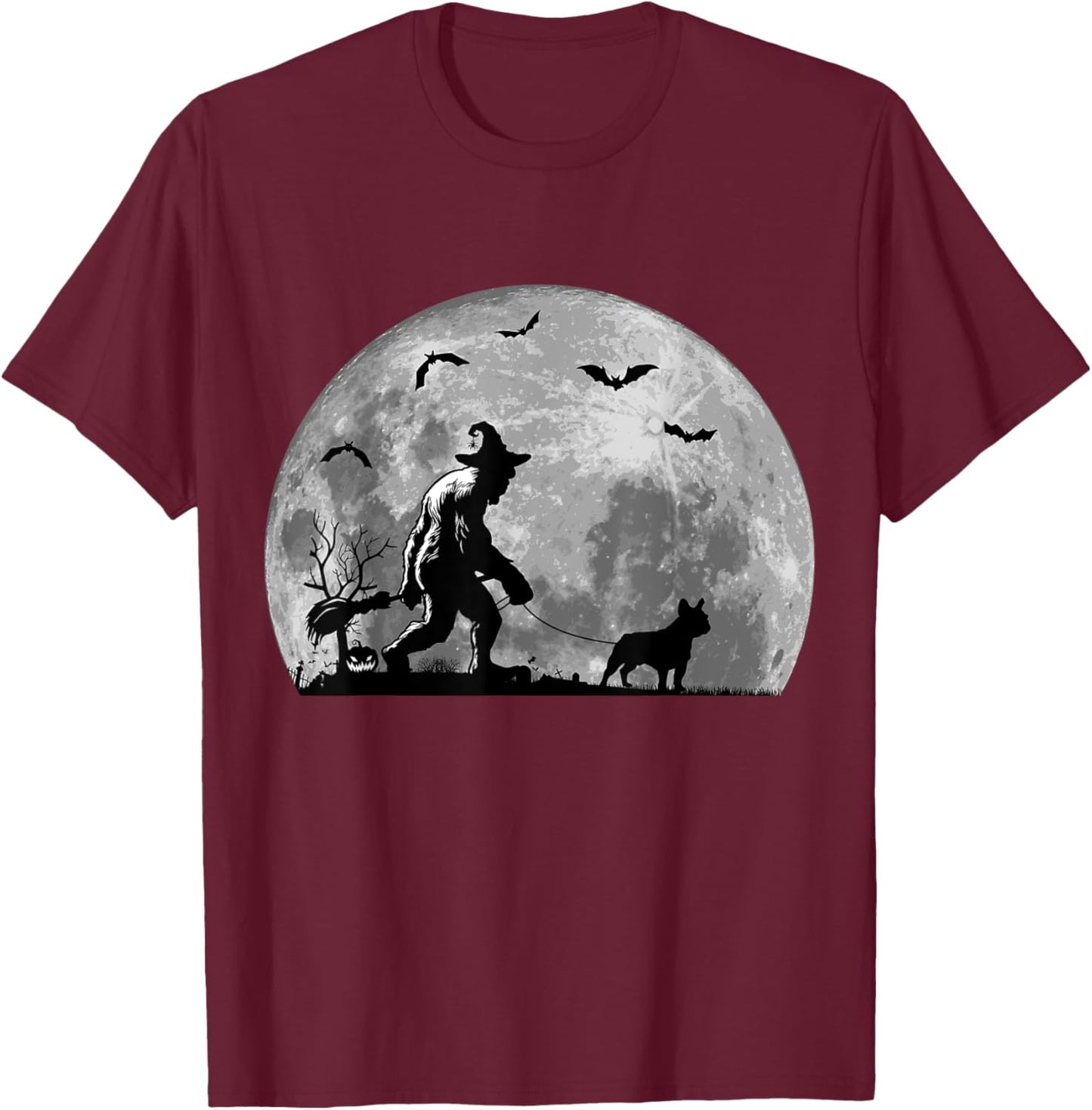 Bigfoot Walking French Bulldog Dog Sasquatch Halloween T-Shirt - T-Shirt | Maroon