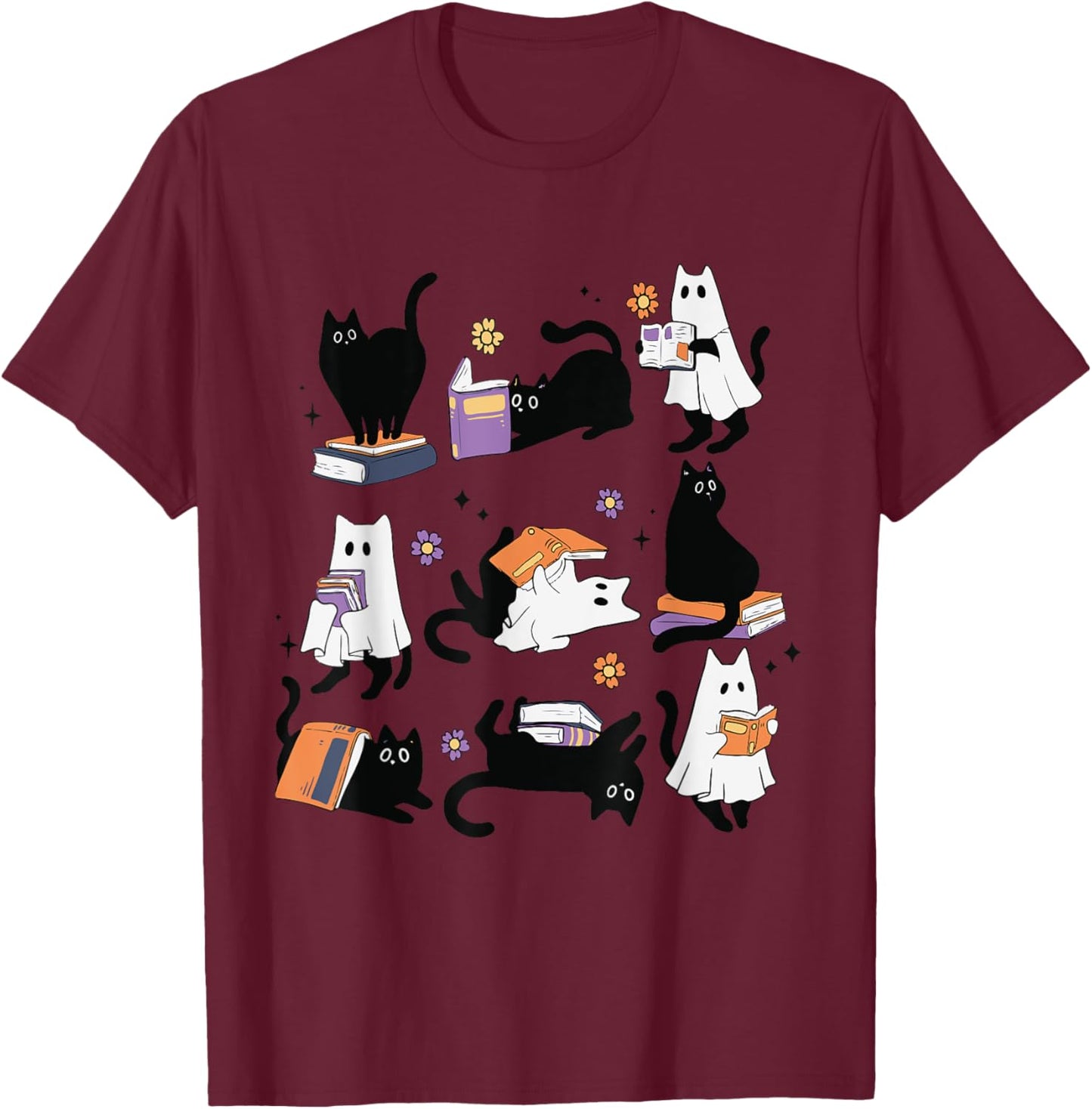 Halloween Ghost Black Cat Reading Book Costume Women Kids T-Shirt - T-Shirt | Maroon