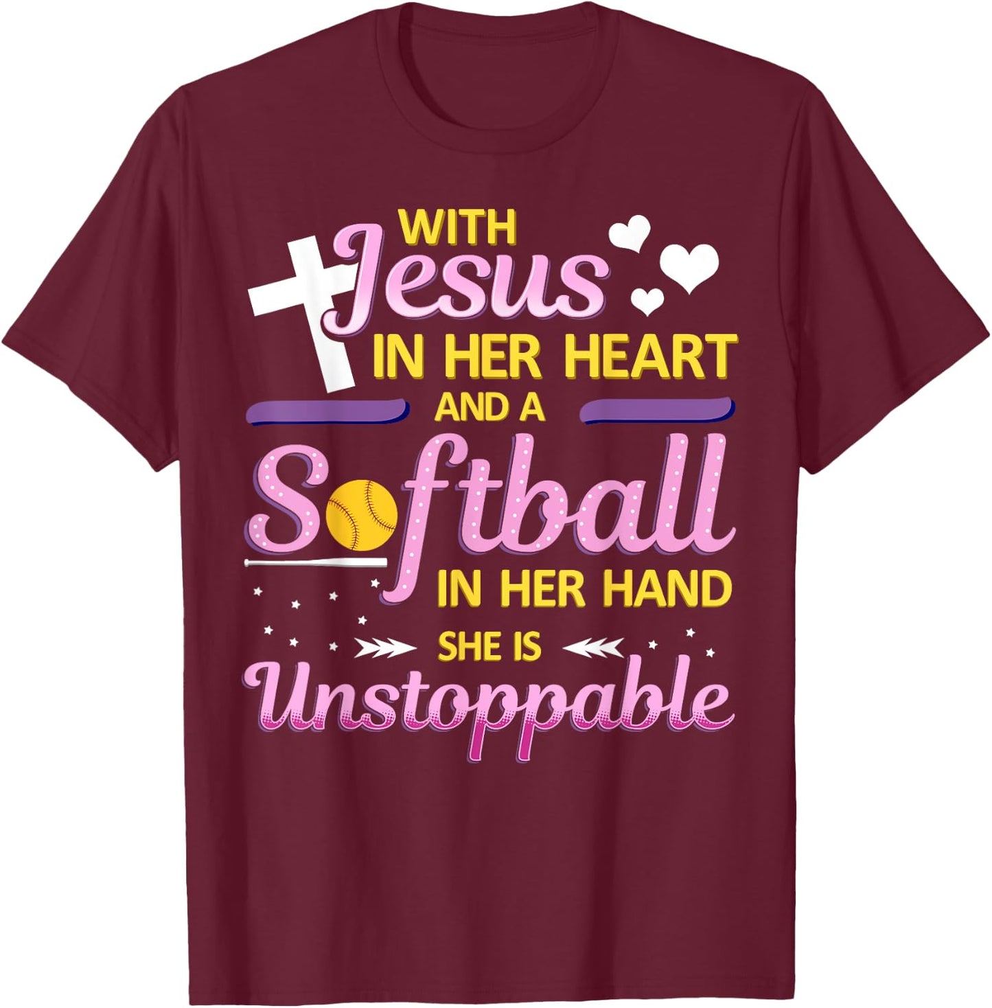 Jesus in Her Heart and Softball in Her Hand Christ Baseball T-Shirt - T-Shirt | Maroon