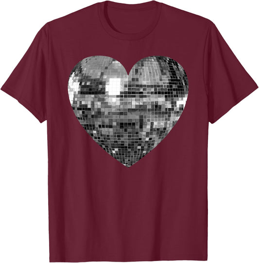 Silver Disco Ball Heart T-Shirt - T-Shirt | Maroon