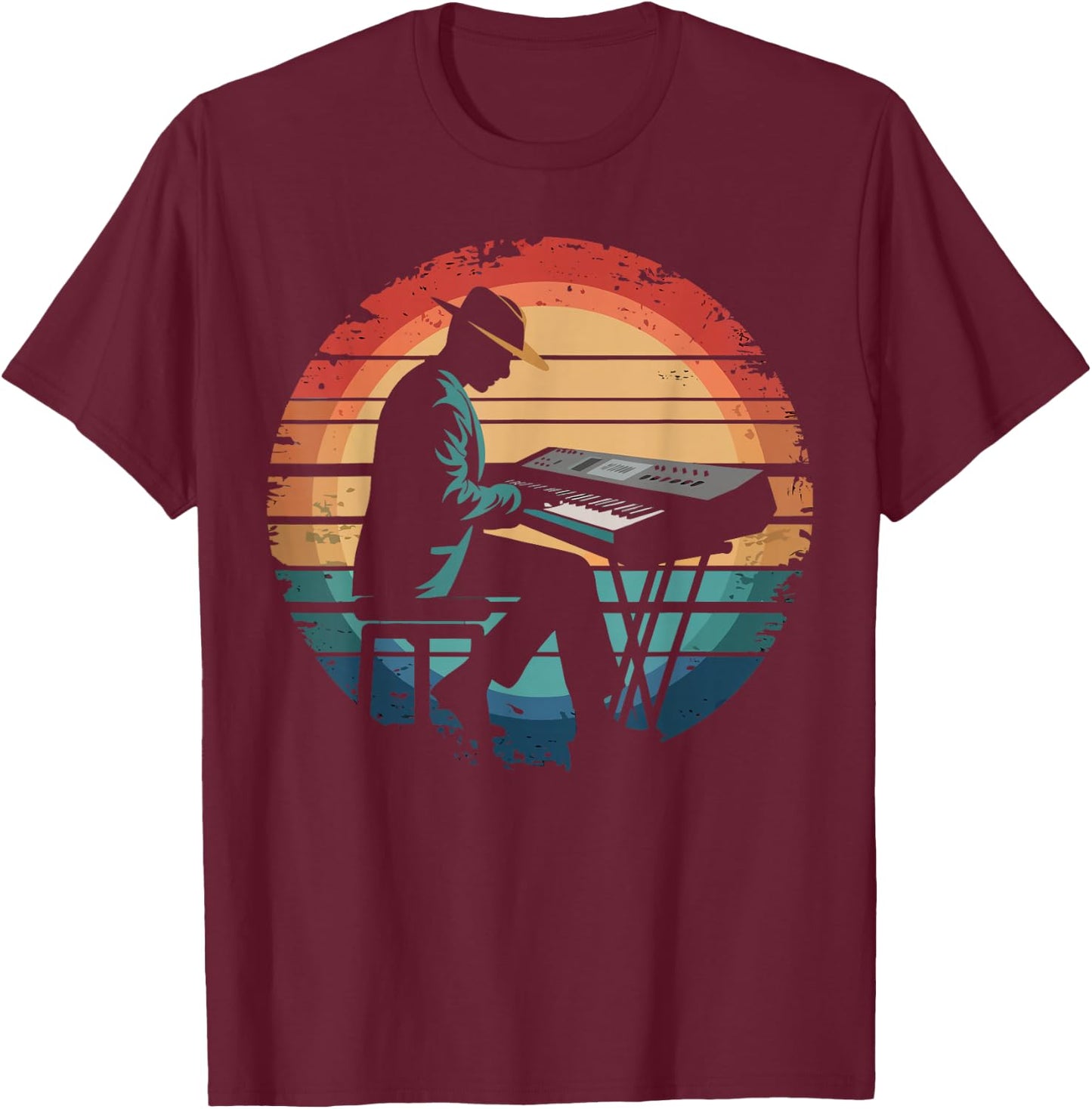 Retro Vintage Keyboard Player Sunset Music Lover Gifts Men T-Shirt - T-Shirt | Maroon