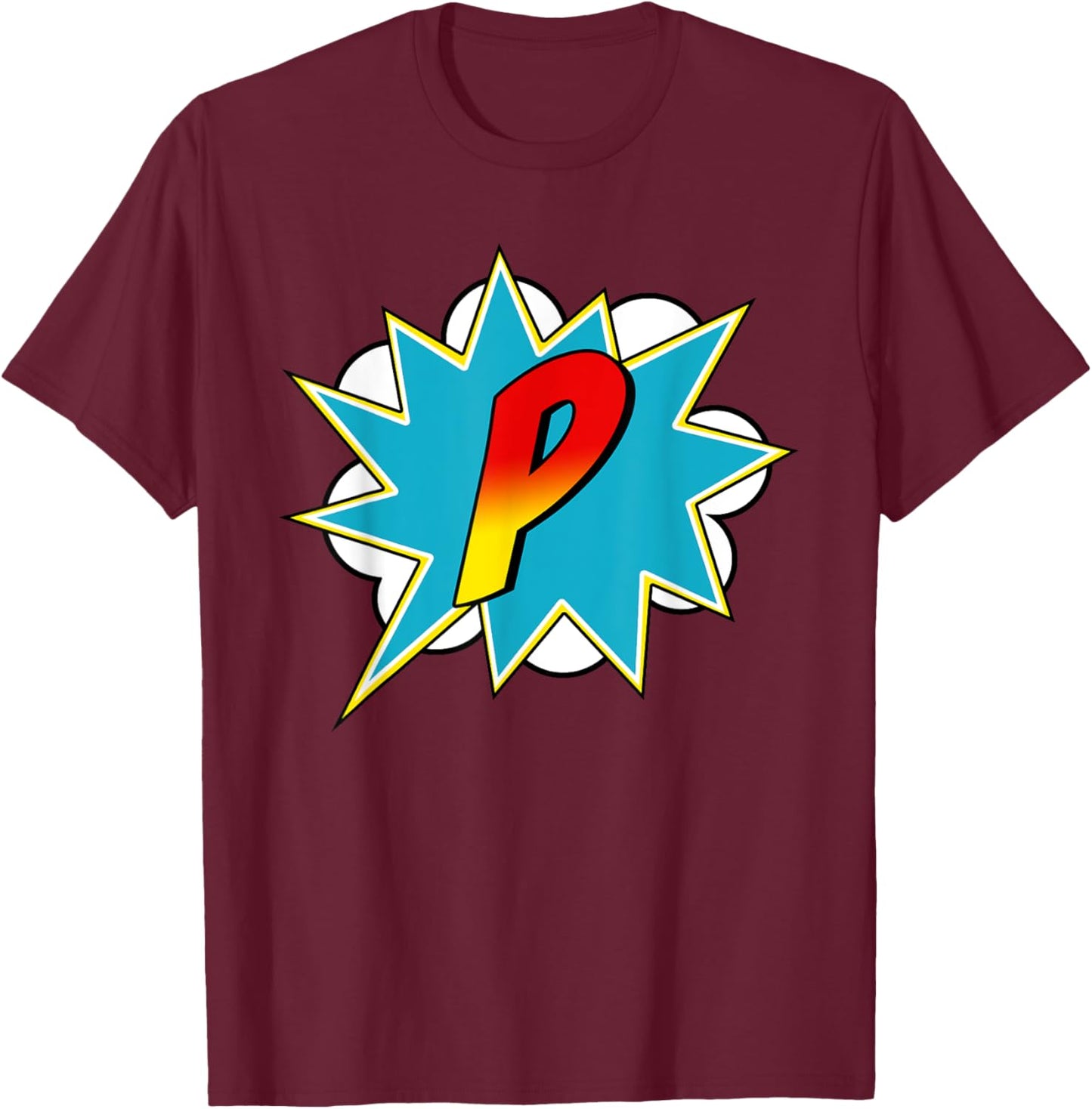 Letter P Superhero Name Comic Letter Retro Costume T-Shirt - T-Shirt | Maroon