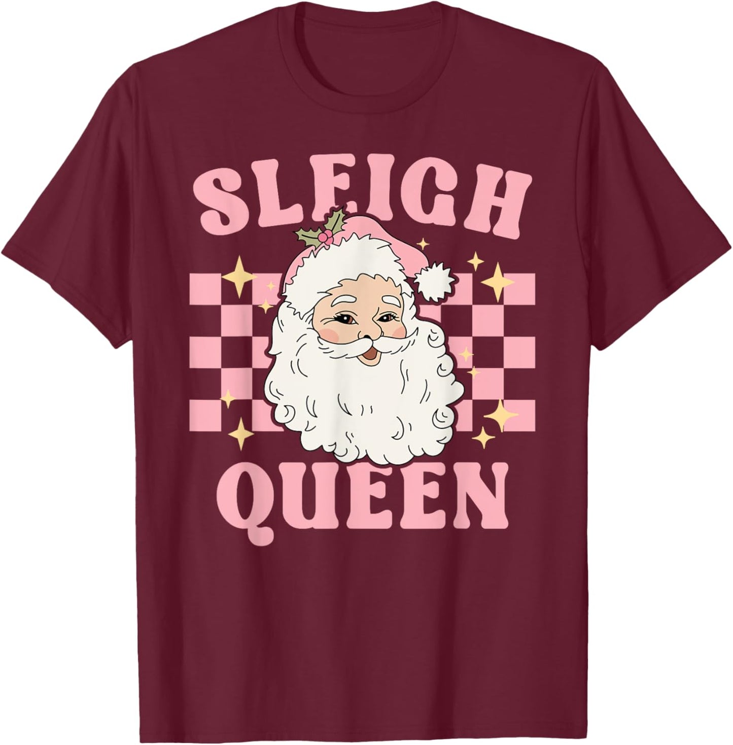 Groovy Vintage Pink Santa Cute Christmas Sleigh Queen T-Shirt - T-Shirt | Maroon