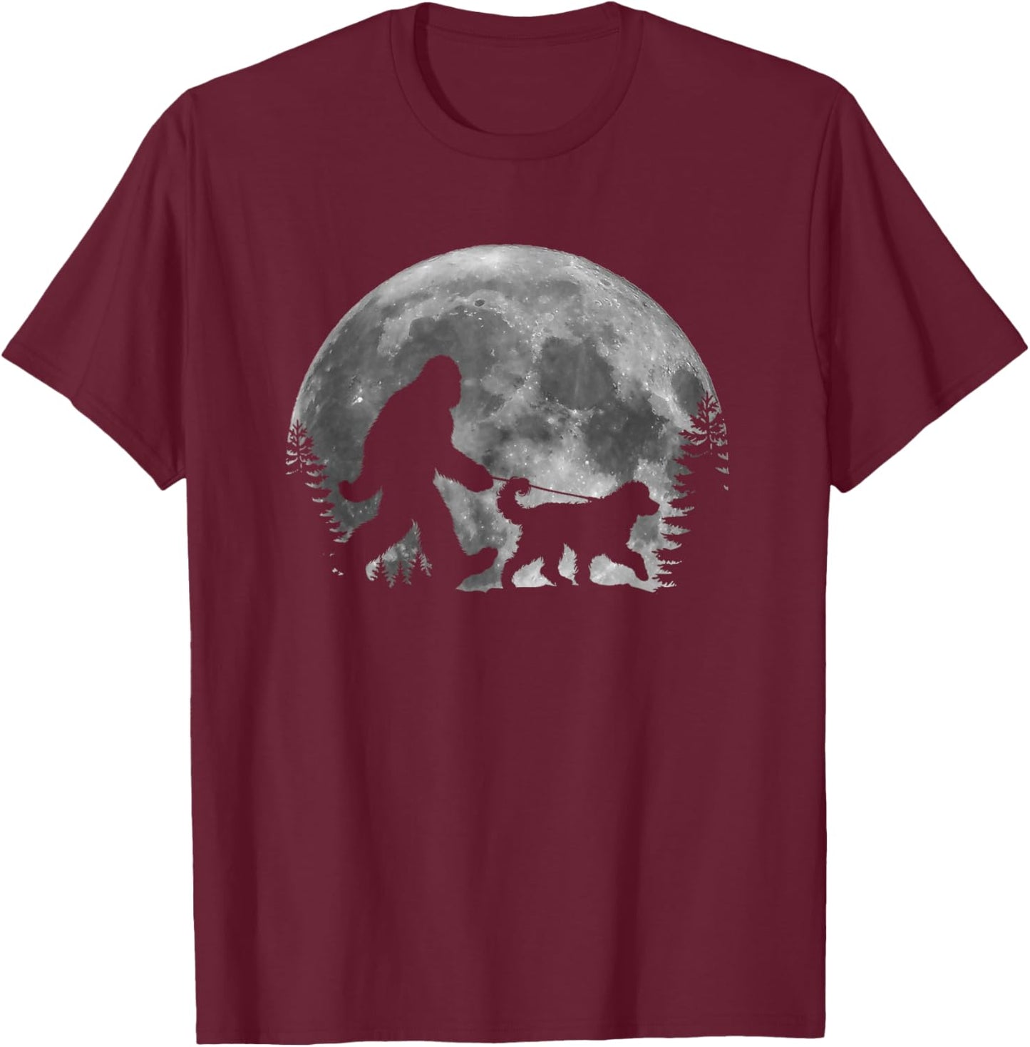 Bigfoot Walking a Dog Funny Bernedoodle Lover Moon Halloween T-Shirt - T-Shirt | Maroon