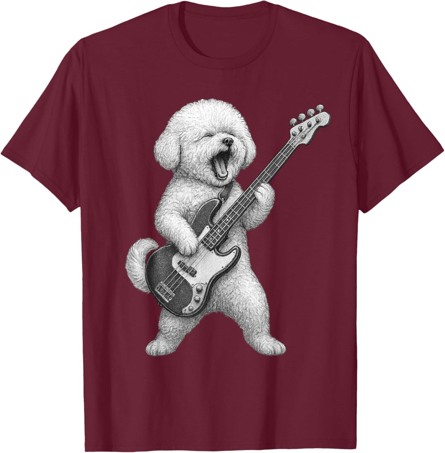 Bichon Frise Playing Bass Guitar Rock Music Dog Lover Men Women Kids T-Shirt - T-Shirt | Maroon