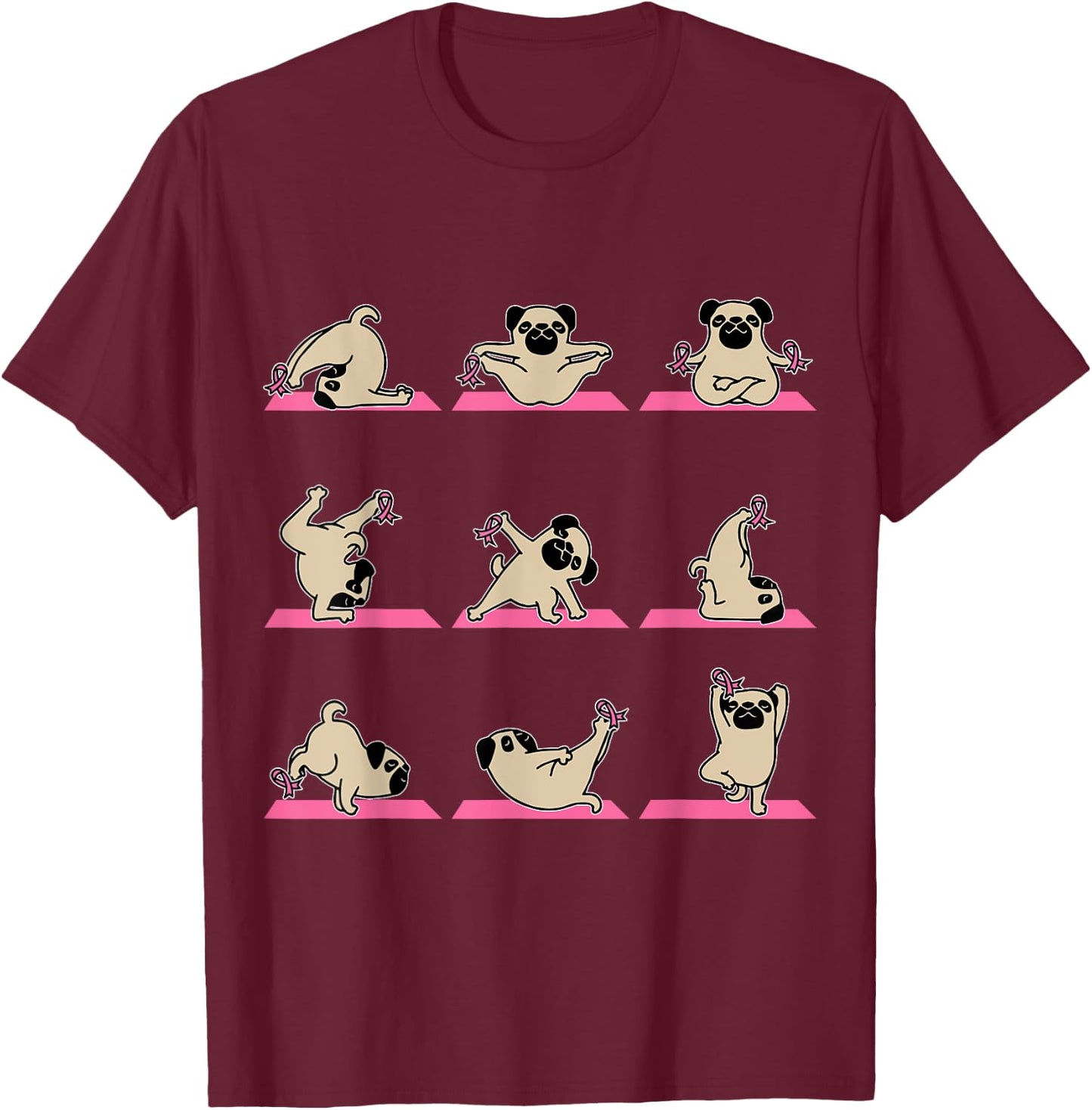 Pug Yoga Pink Ribbon Funny Dog Breast Cancer Awareness Gifts Women Kids T-Shirt - T-Shirt | Maroon