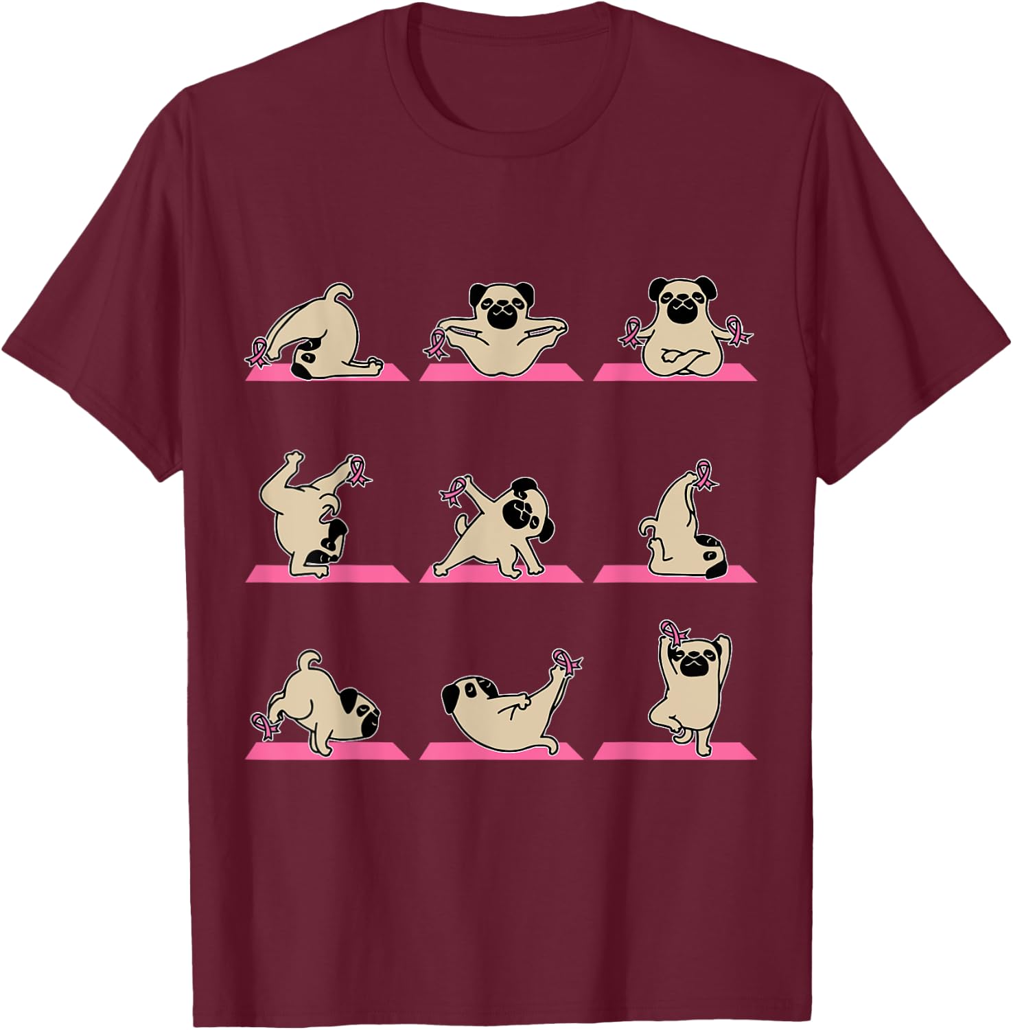 Pug Yoga Pink Ribbon Funny Dog Breast Cancer Awareness Gifts Women Kids T-Shirt - T-Shirt | Maroon
