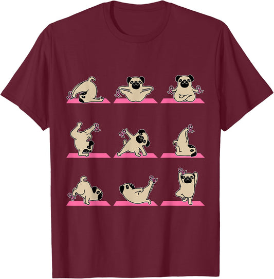 Pug Yoga Pink Ribbon Funny Dog Breast Cancer Awareness Gifts Women Kids T-Shirt - T-Shirt | Maroon