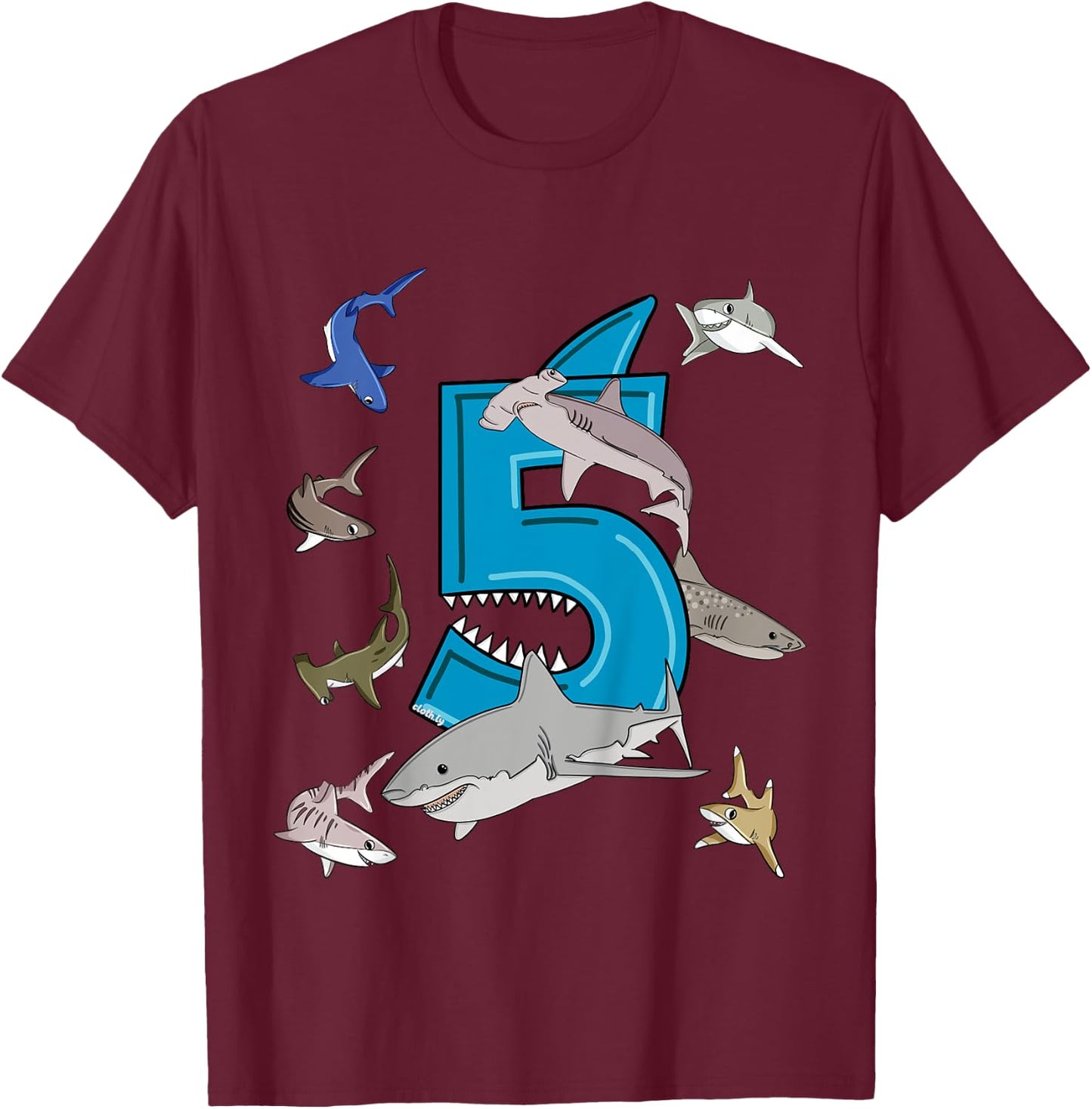 5th Birthday boys shark white shark T-Shirt - T-Shirt | Maroon
